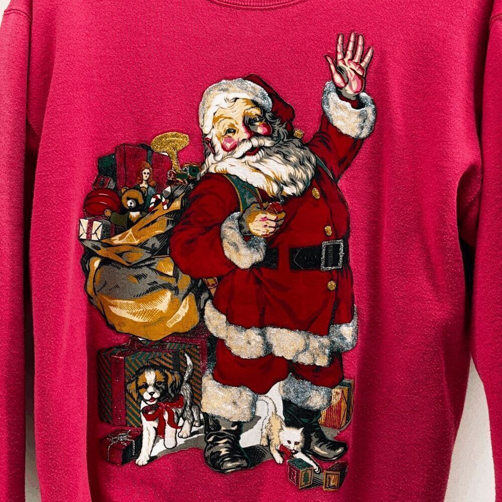 Vintage 90s Hanes Signature Pink‎ Santa Claus Iron On Sweatshirt Womens Medium